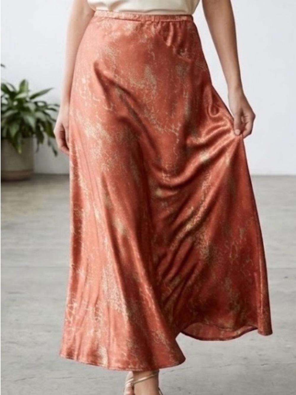 Shimmer Satin Maxi Skirt in Burnt Orange with Gold Accents
